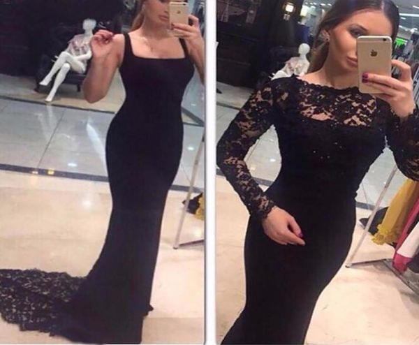 

black two pieces long evening dresses mermaid scoop neck lace appliques beaded long sleeve black prom gown6161877, Black;red