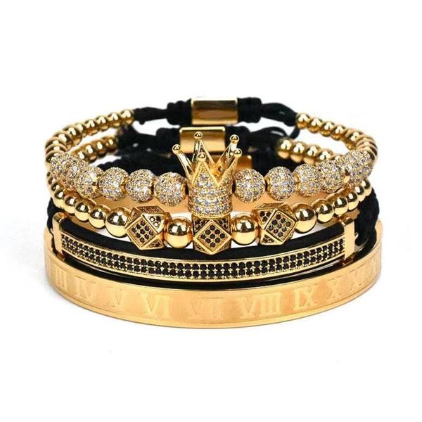 

bangle 4pcs/set gold hip hop hand made bead bracelet men copper pave cz zircon crown roman numeral bracelets bangles luxury jewelry, Black