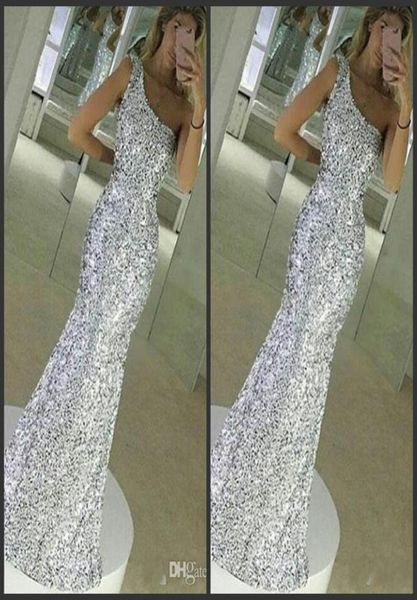 

2021 new sparkle bling silver prom dresses sequins long mermaid sleeveless one shoulder floor length formal evening dress party go5527624, Black