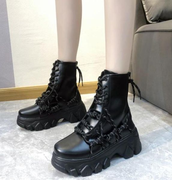 

rimocy black punk style platform women ankle boots fashion cross strap chunky heels boots woman waterproof pu leather shoes 2011141909859