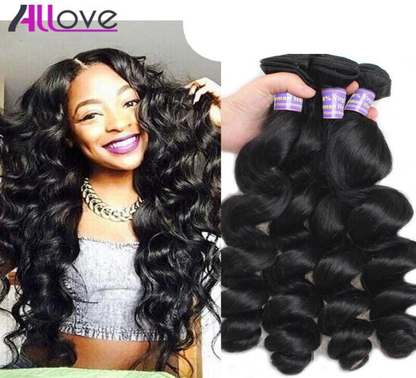 

allove 10a loose wave 3 bundles brazilian hair peruvian loose wave malaysian human hair extensions indian whole8364493, Black