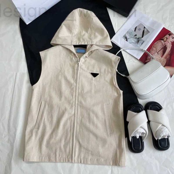 

women's jackets designer luxury 2023 solid hooded vest fashion summer zip triangle brooch jacket sleeveless loose causal coat waistcoat, Black;brown
