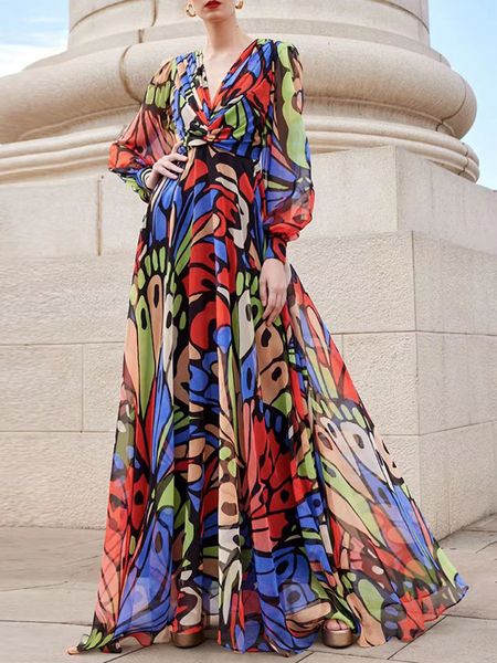 

2023 designer dress robe french vintage print v-neck design sense small style long dress, Black;gray