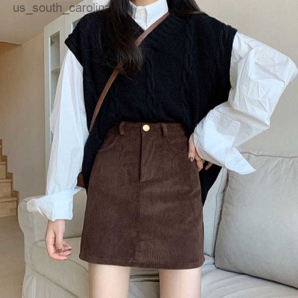 

skirts houzhou korean fashion brown mini skirts women vintage casual cute high waist slim a-line corduroy short skirt for girls preppy l2305, Black
