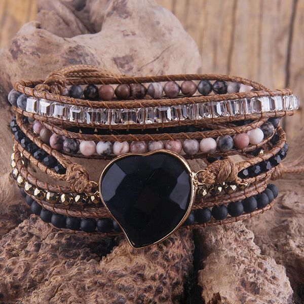 

bangle rh fashion handma boho bracelet mixed natural stones heart charm 5 strands wrap bracelets women gift dropshipping, Black
