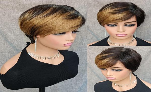 

blonde ombre color short pixie cut human hair wigs straight bob wig with bangs full machine made wig for women1278753, Black;brown