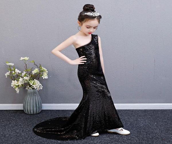 

black sequin mermaid dress age for 314 yrs teenage girls oneshoulder vintage noble graduation gowns evening party kids frocks 201248407, Red;yellow