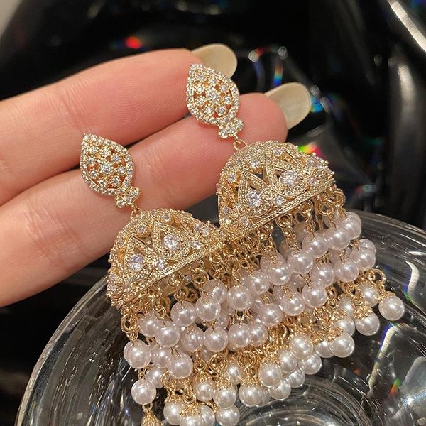 

knot gold long hanging earrings birdcage pearl earrings fashion retro luxurious lantern tassel women's jewelry 2022 designer pair, Silver