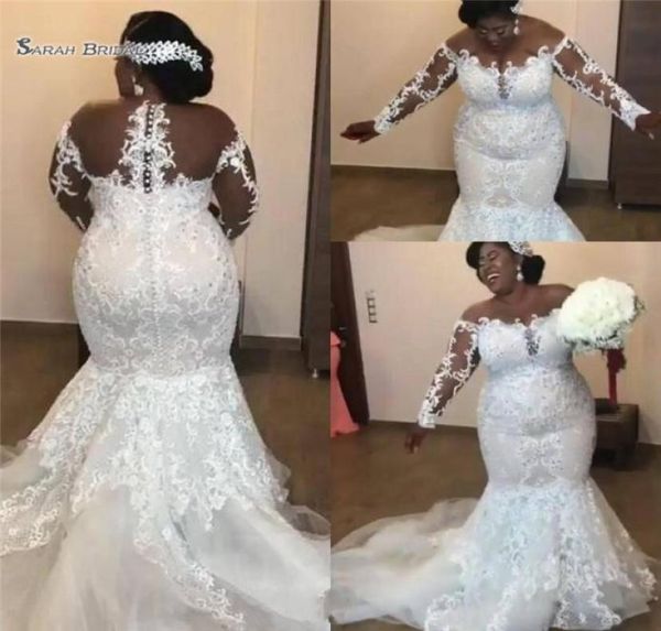 

2020 african mermaid wedding dress sheer neck white black girls lace appliques long sleeves plus size bridal dresses7333260