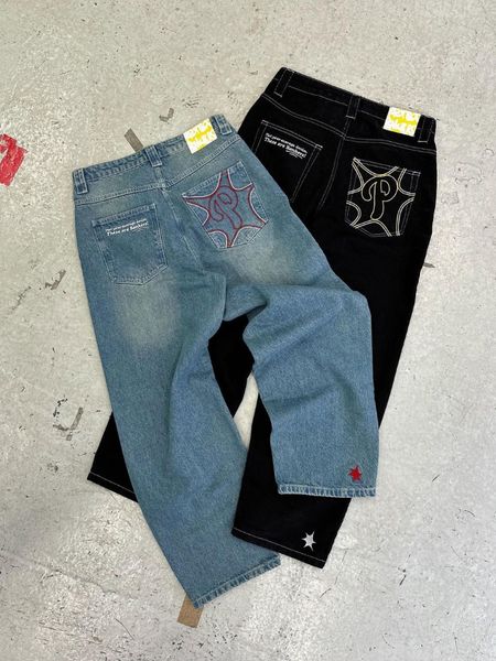 

men's jeans baggy casual wide leg jeans men street retro hip hop print jeans trend fashion black high-waist jean y2k men clothing 23052, Blue