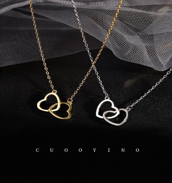 

stainless steel double heart necklace love hearts shape buckle ring pendant clavicle chain fashion charm small gift4129426, Silver