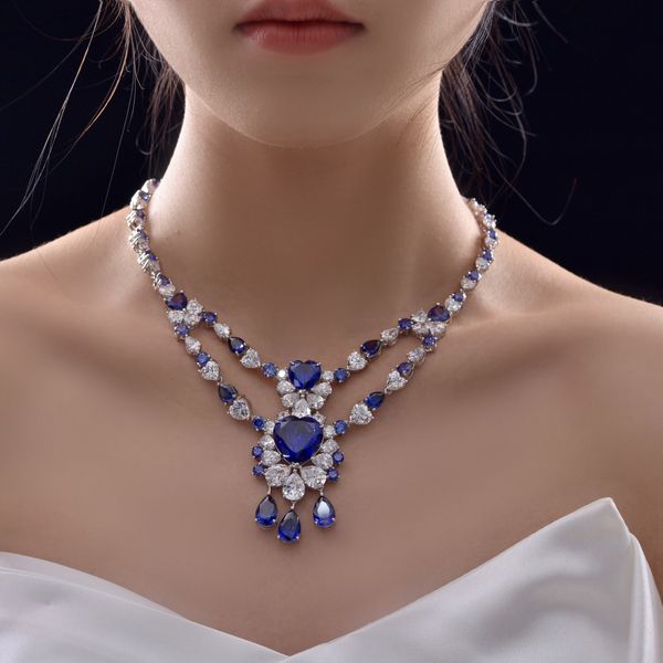 

queen heart sapphire diamond necklace 100% real 925 sterling silver party wedding pendants necklace for women engagement jewelry1