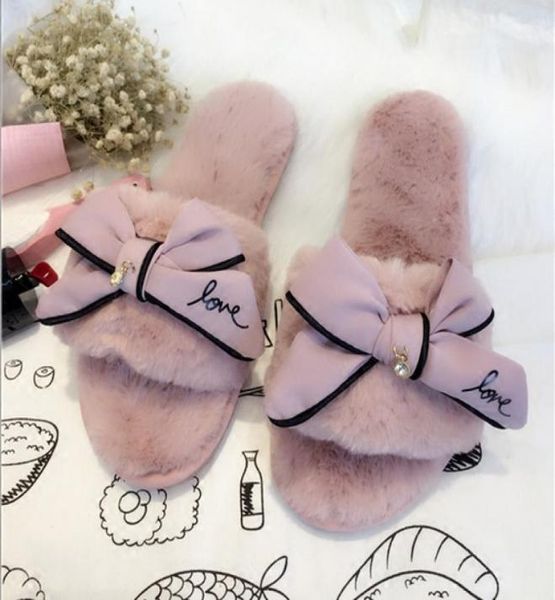 

fur flip flops sweet lace bow fur slides women winter sandals warm and cozy home slippers with flower4136909, Black