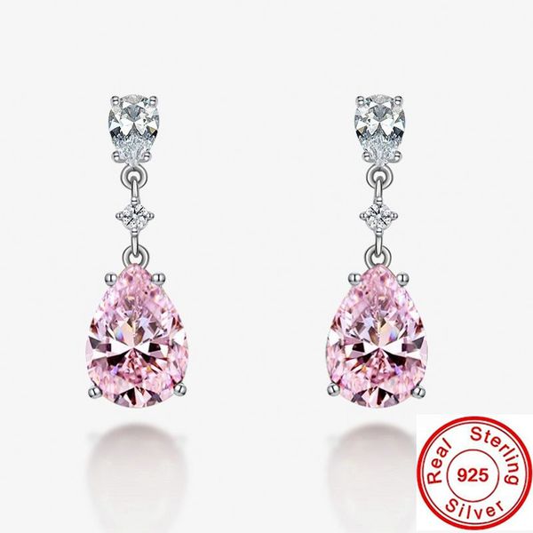 

water drop pink diamond earrings 100% real 925 sterling silver party wedding drop dangle earrings for women engagement jewelry