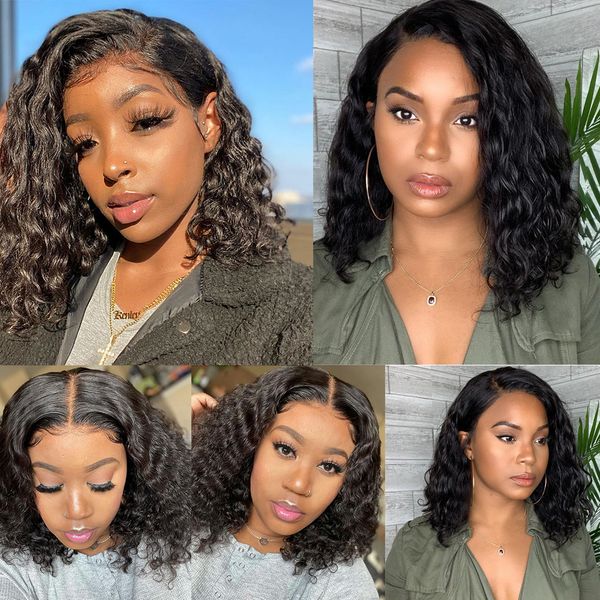 

bob wigs short bob lace closure wig glueless kinky curly human hair wig 100% transparent lace front human hair wigs for women, Black;brown
