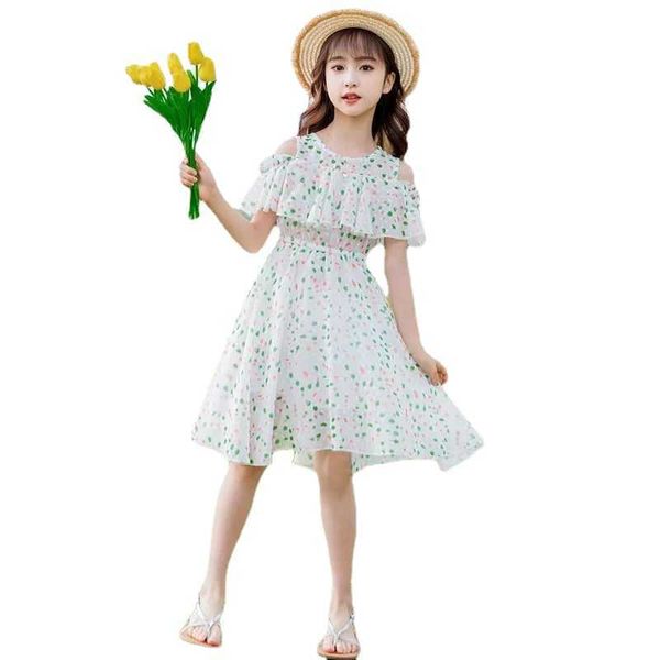 

girl's dresses summer beach layered shoulder children's ruffled short sleeve flower dress youth and girls' clothing 4 6 8 10, Red;yellow