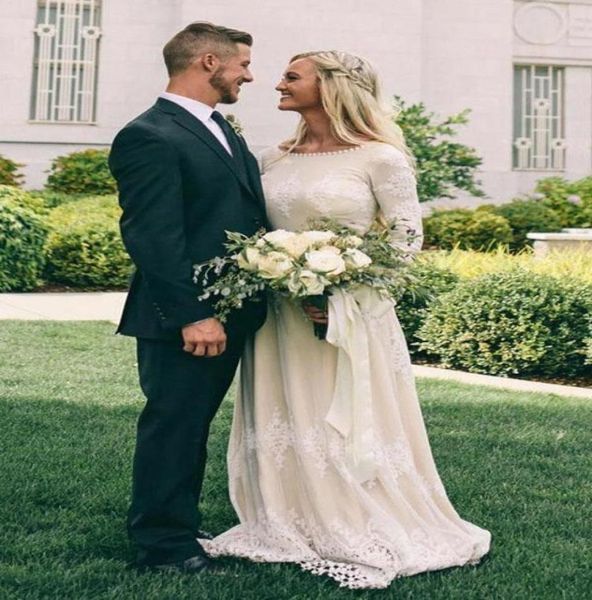 

champagne vintage modest wedding dresses with long sleeves o neck aline country informal bridal gowns religious modest gown2528444, White