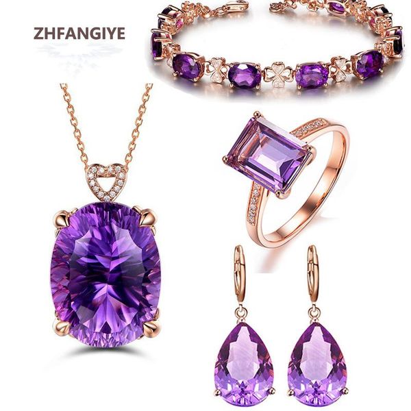 

necklace trendy rings earrings necklace bracelet 925 silver jewelry set for women wedding party gift accessories with amethyst gemstones