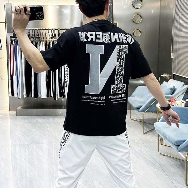 

men's trend t-shirt letter embroidered 2023 summer new short sleeve round neck male tees fashion casual cotton man clothing, White;black