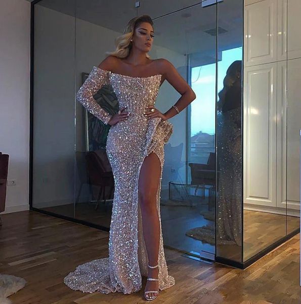 

mermaid evening dresses formal prom party gown one-shoulder long sleeve floor-length sweep train sequined long thigh-high slits custom, Black