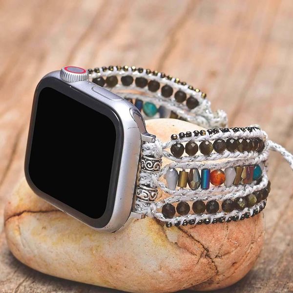 

bangle exclusive obsidian wax rope handmade knit apple watch strap natural stone boho apple watch band wholesale dropshipping, Black