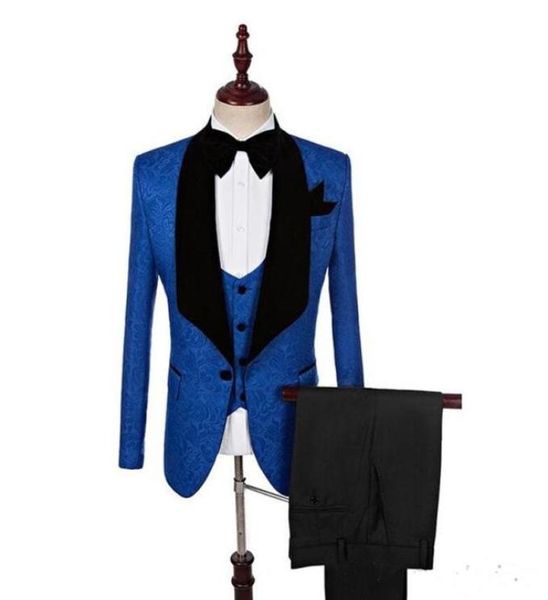 

new custom royal blue men suits wedding groom tuxedos jacketpantsvest with shawl lapel groomsmen suits floral man blazer 7359932, Black;gray
