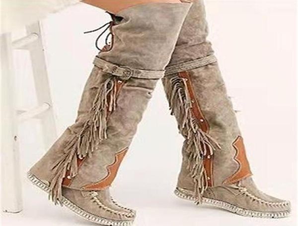 

boots fashion bohemia kneelength women ethnic personality high tassels faux suede girl flat bottom long botas mujer 2209121419678, Black