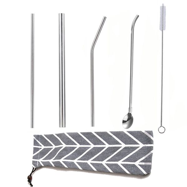 

stainless steel straw set reusable 304 metal straws kits elbow straw with spoon 5pcs/set