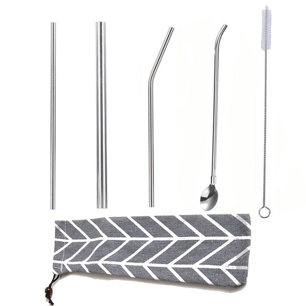 

Stainless Steel Straw Set Reusable 304 Metal Straws Kits Elbow Straw with Spoon 5pcs/set