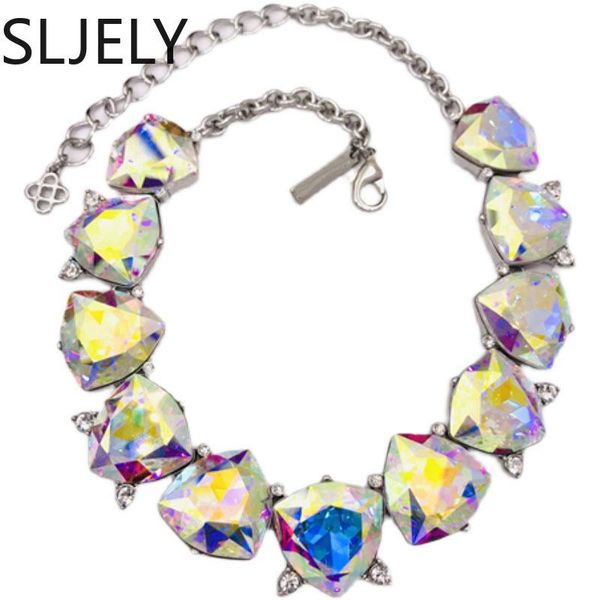

necklaces sljely luxury colorful geometric crystal statement necklace earrings for women dress party jewelry set accessories, Silver