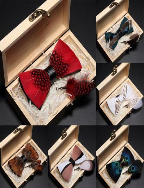 

bow ties ricnais original italy design bowtie natural brid feather exquisite hand made men tie brooch pin wooden gift box set red6643573, Black;gray