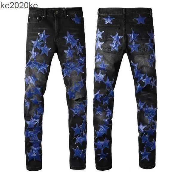 

jeans brand designer european and american torn patch embroidered five pointed star personality fashion wash wear large size can 150kg 4en6, Black