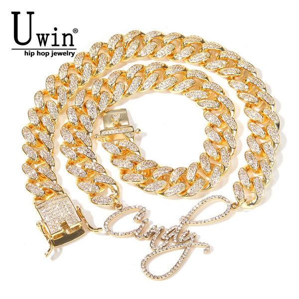 

necklaces uwin name with 12mm cuban chain customized stainless steel iced out letters choker cz cuban miami link chain hiphop jewelry, Silver