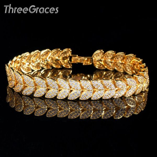 

bangle threegraces gorgeous micro pave cubic zirconia yellow gold color leaf shape wedding bracelet for women jewelry accessories br154, Black