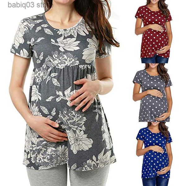 

maternity tees women pregnancy casual t shirt maternity summer short sleeve dot print tees pregnant tunic blouse maternity clothing t23052, White