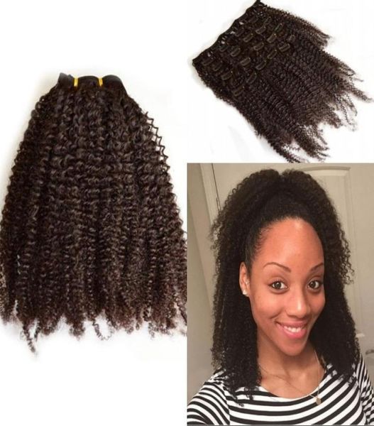 

afro kinky curly clip in human hair extensions for black women malaysian hair 7 pcsset geasy1511001, Black;brown