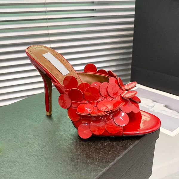 

new petal decoration mules slippers sandals stiletto slides open toe shoes women's luxury designer leather dress shoe outsole evening s, Black