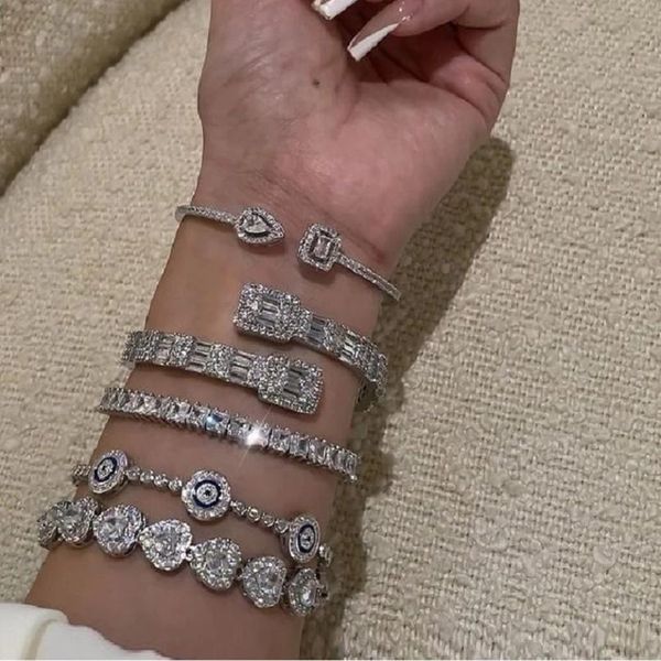 

bangle 2022 iced out baguette open cuff bangle micro paved bling square cubic zirconia bracelet luxury fashion rapper jewelry for women, Black