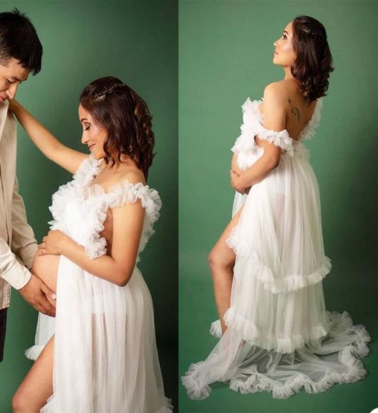 

elegant ruffles maternity sleepwear dress po shoot props pregnant women pography gown kimono nightgowns robe bathrobe6793398, White