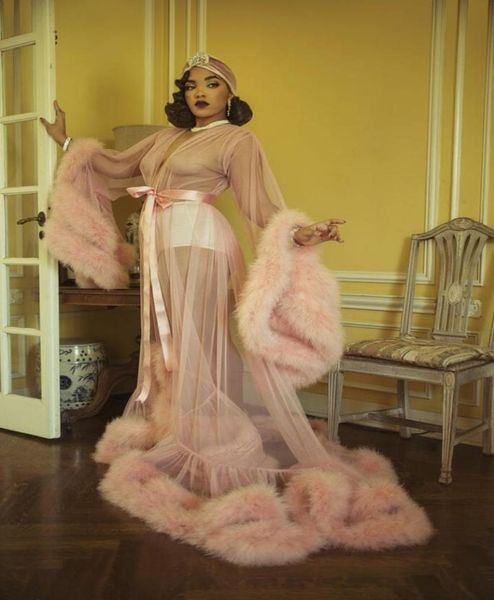 

pink kinono sleepwear gowns prom dresses feather maternity robes women poshoot bathrobe fluffy party custom made1536423, White