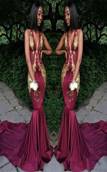 

africa burgundy evening dresses deep vneck sleeveless prom dress with gold applique mermaid style sweep train custom made fo7019853, Black