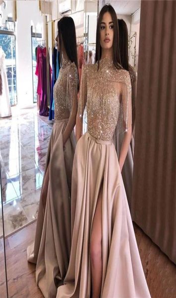 

sparkly rose gold crystal beaded aline prom dress with tassels luxury high neck split evening gown vintage long formal party dres3604286, Black