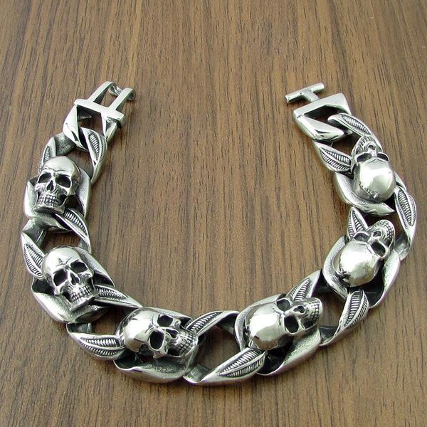 

bangle punk 316l stainless steel skull head leaf bracelet motor biker club silver color skeleton bracelets jewelry, Black