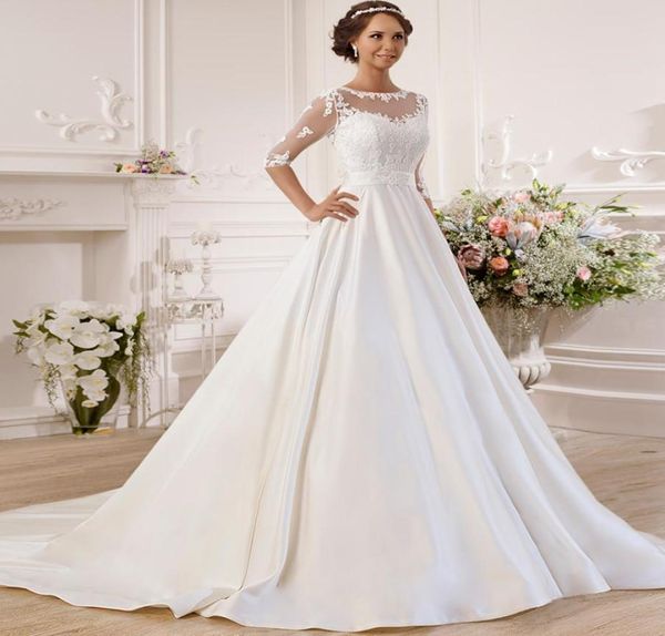 

gorgeous half sleeves satin ball gown wedding dresses with seethrough back lace applique wedding dress vestido de noiva h0122133489, White