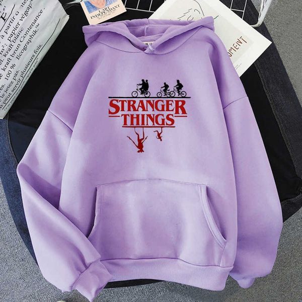 

stranger things print pullover hoodie plush coat sweater oversize women's, Black
