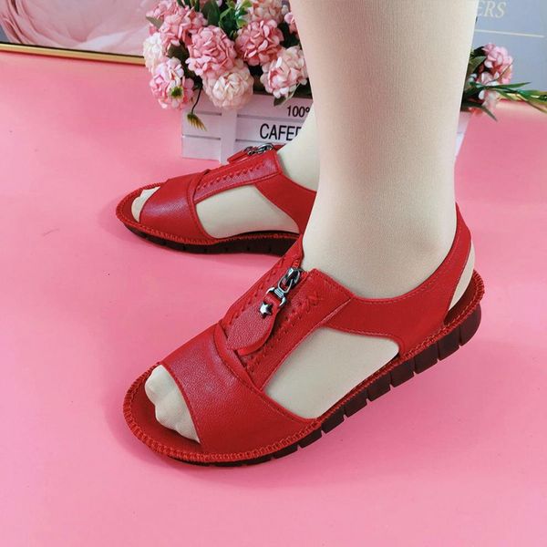 

sandals summer shoes for women sandals pu leather comfort mother shoes zipper flat solid color plus size fashion sandalias de mujer 230523, Black