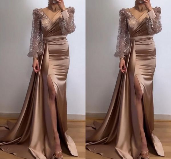 

dusty rose mermaid women evening dress 2023 long sleeve v neck sequin slit satin formal prom gowns arabic dubai robe de soiree, Black;red