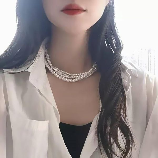 

necklaces elegant fashion glass pearl multilayer short necklace, Silver