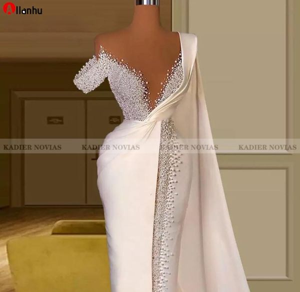 

slender long white evening dresses mermaid one shoulder with sash pearls beaded robe de mariee 533ww5213872, Black;red