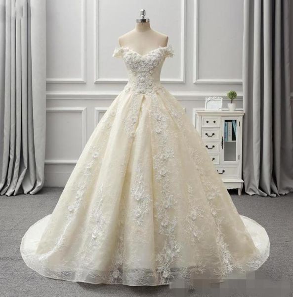 

gorgeous beige wedding dresses off the shoulder lace up back chapel train hand made flowers pearls wedding gown vestido de novia5057635, White